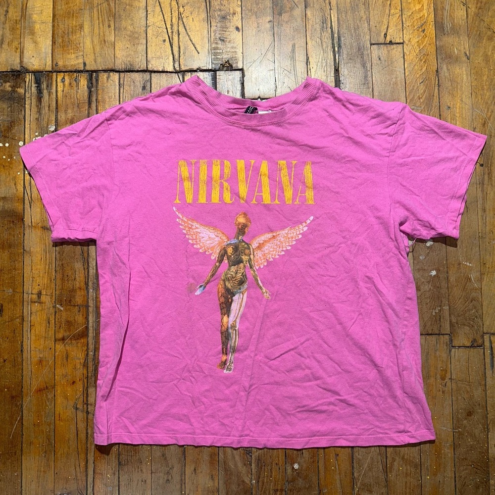 H&M T-Shirt Women's Large Pink Nirvana Graphic Print‎ Short Sleeve Crew Neck
